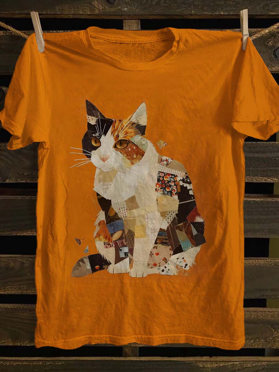 Abstract Applique Cat Print Casual Short Sleeve T-Shirt