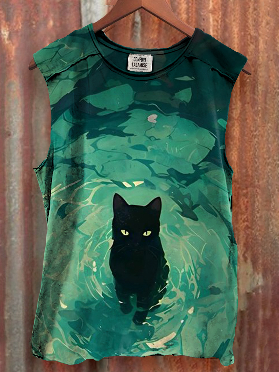 Vintage Fancy Cat Art Print 100% Cotton Casual Tank Top