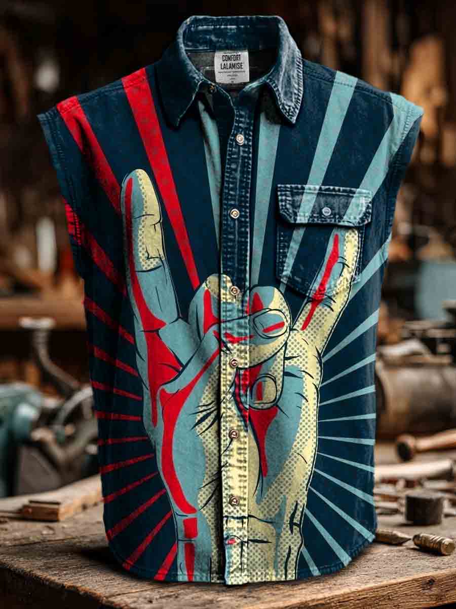 Rock Print Casual 100% Cotton Sleeveless Lapel Shirt