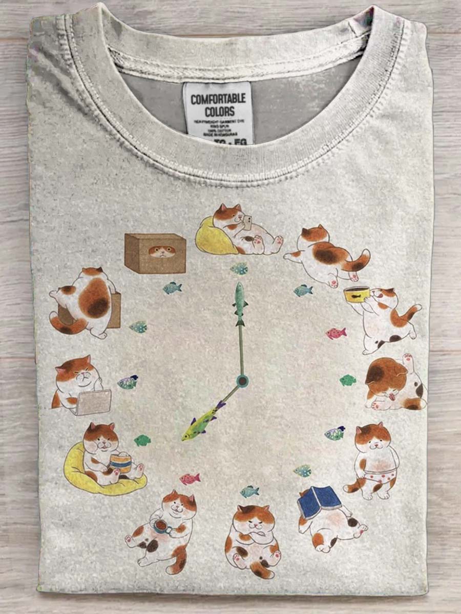 Funny Cat Clock Print Casual Short Sleeve T-Shirt