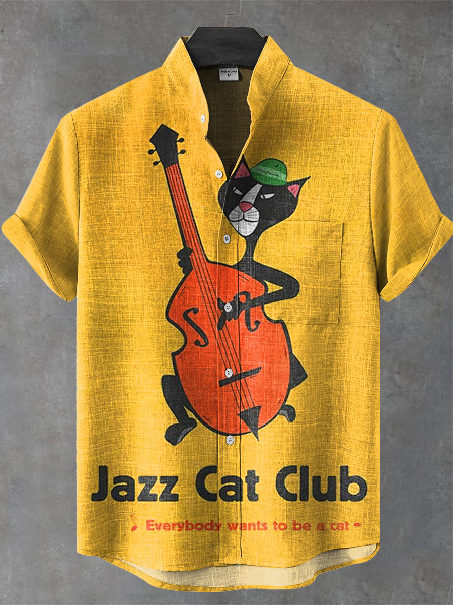 Vintage Funny Jazz Cat Art Print  Casual 100% Cotton Shirt