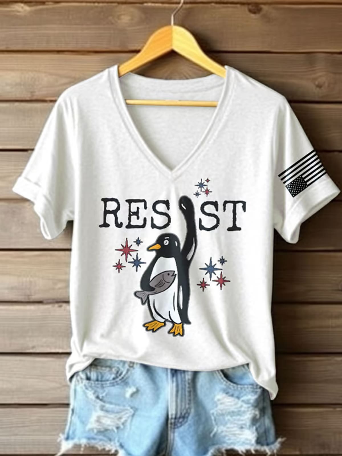 Penguin Resist V-neck Casual T-Shirt