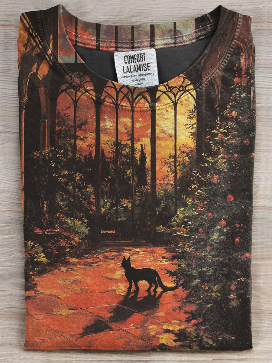 Vintage Cat Print Casual T-shirt