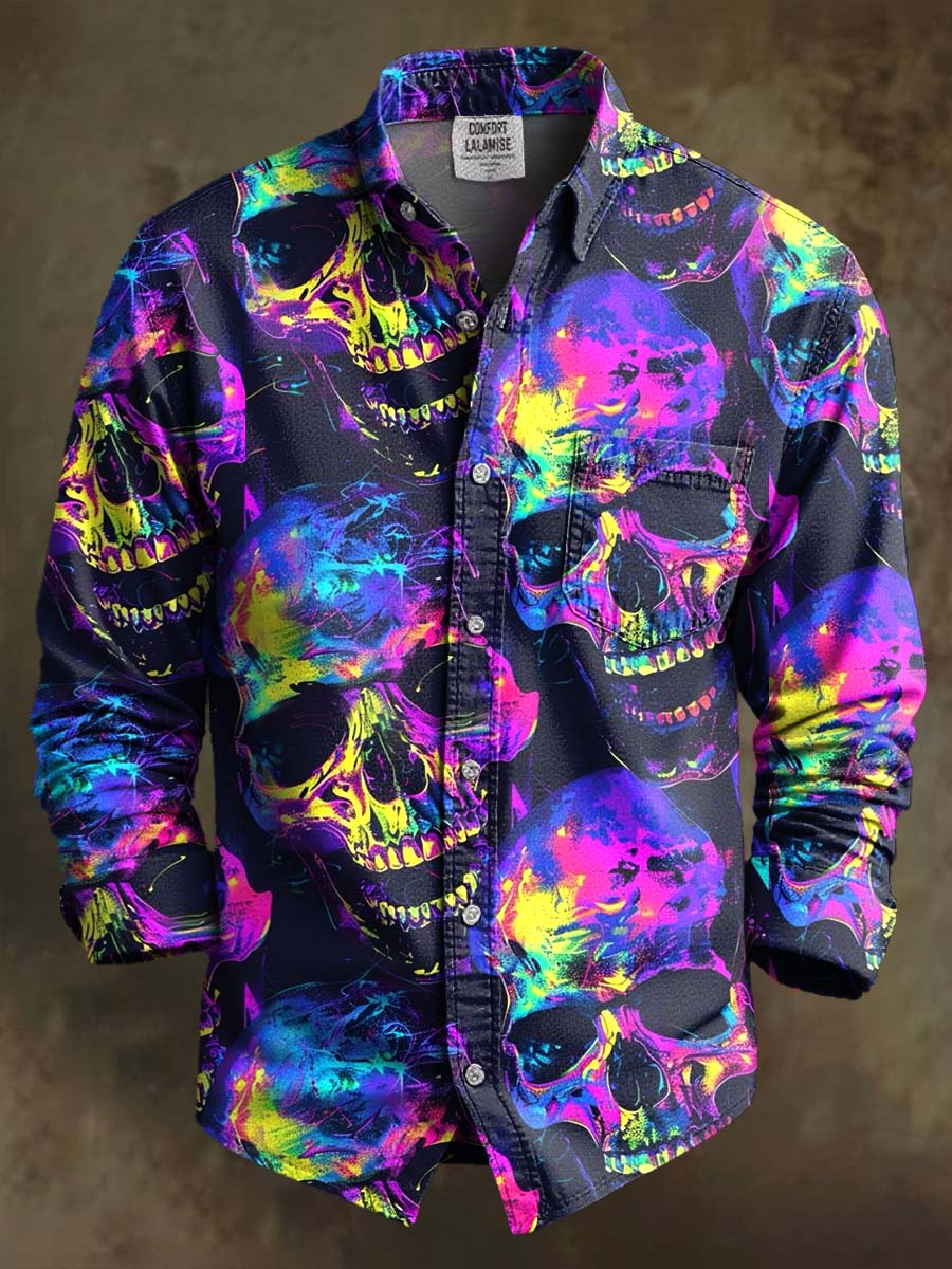 Colorful Flame Skull Print 100% Cotton Long Sleeve Shirt