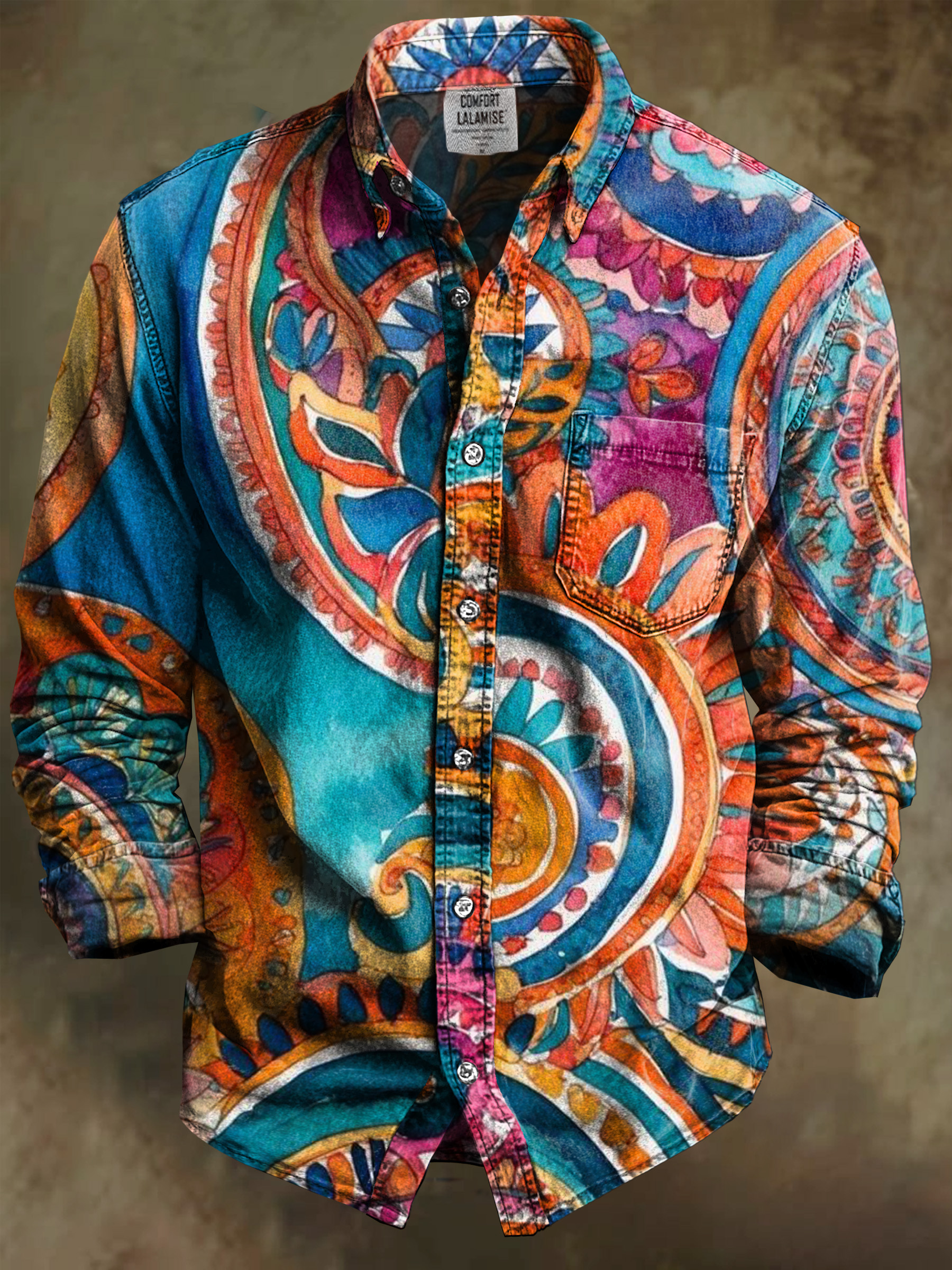 Vintage Colorful Art Print 100% Cotton Long Sleeve Shirt