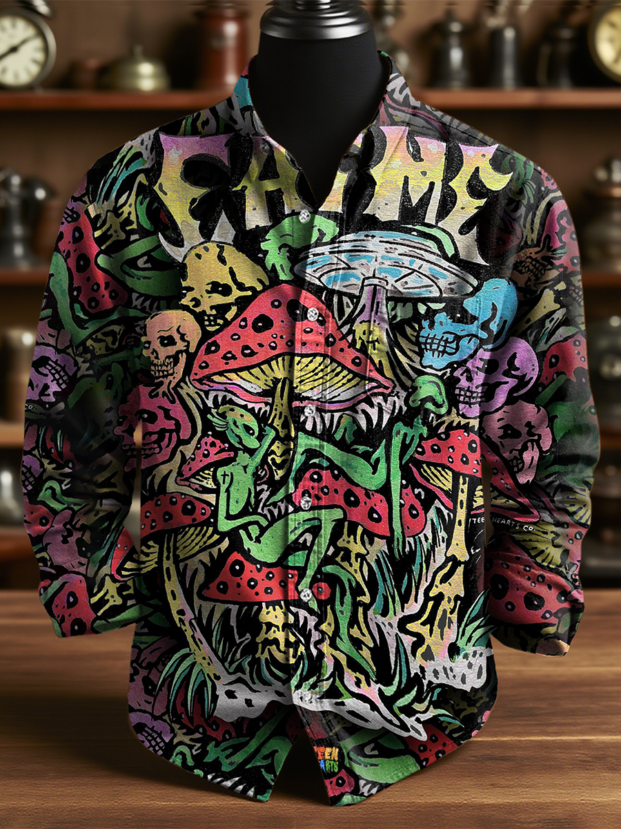 Retro Multicolor Mushrooms Art Print 100% Cotton Long Sleeve Shirt