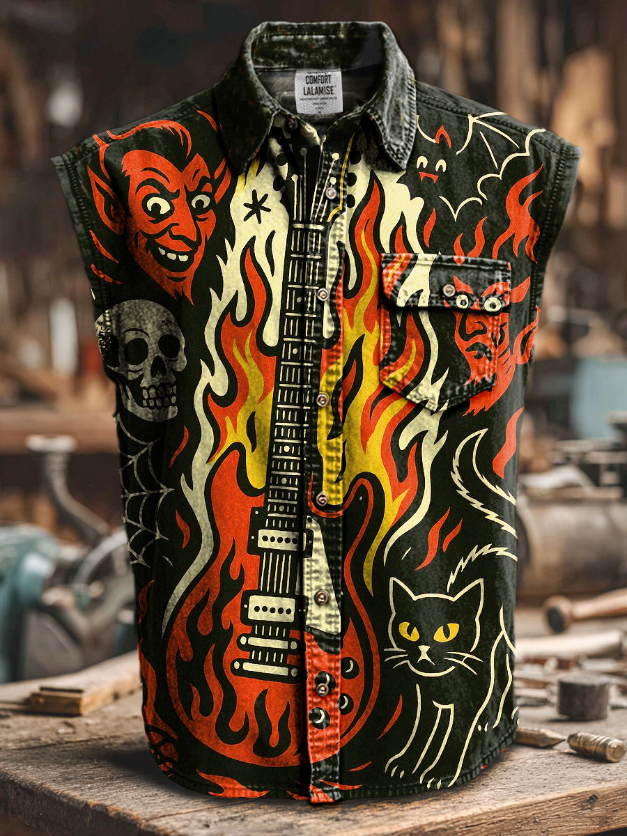 Retro Guiltar Art Print Casual 100% Cotton Sleeveless Lapel Shirt