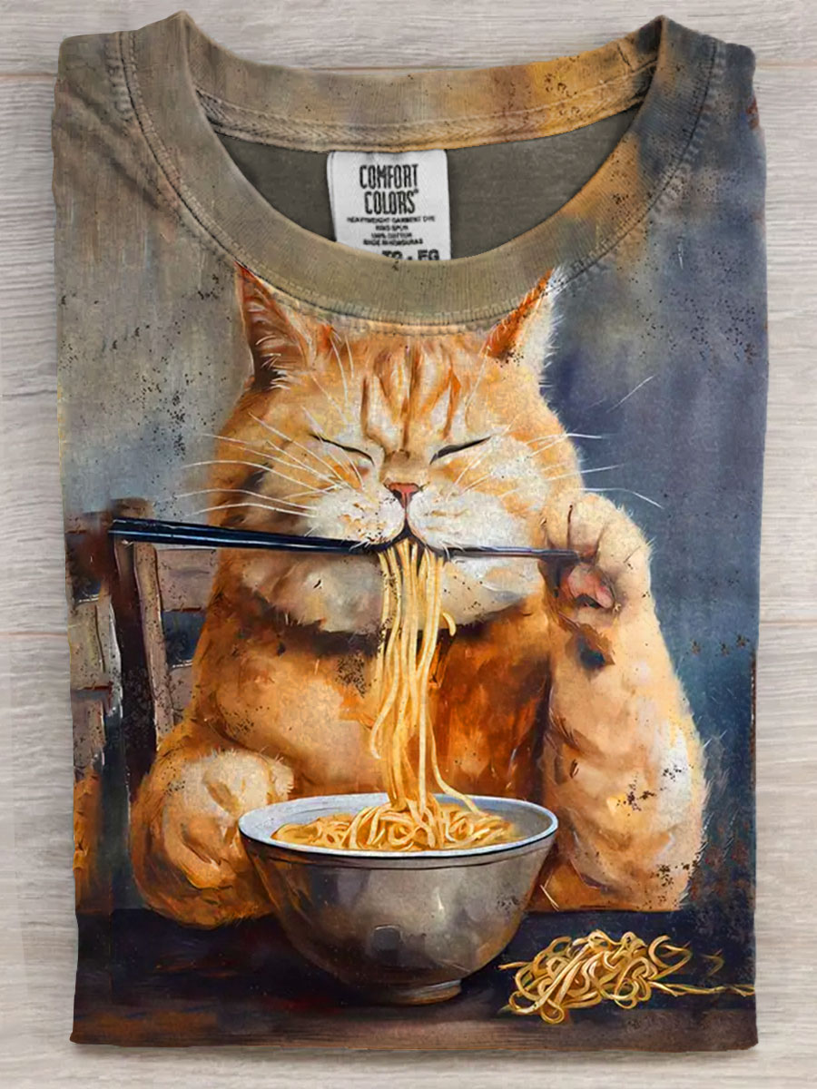 Funny Cute Cat Eat Noodle Art Print Casaul Short Sleeve T-shirt