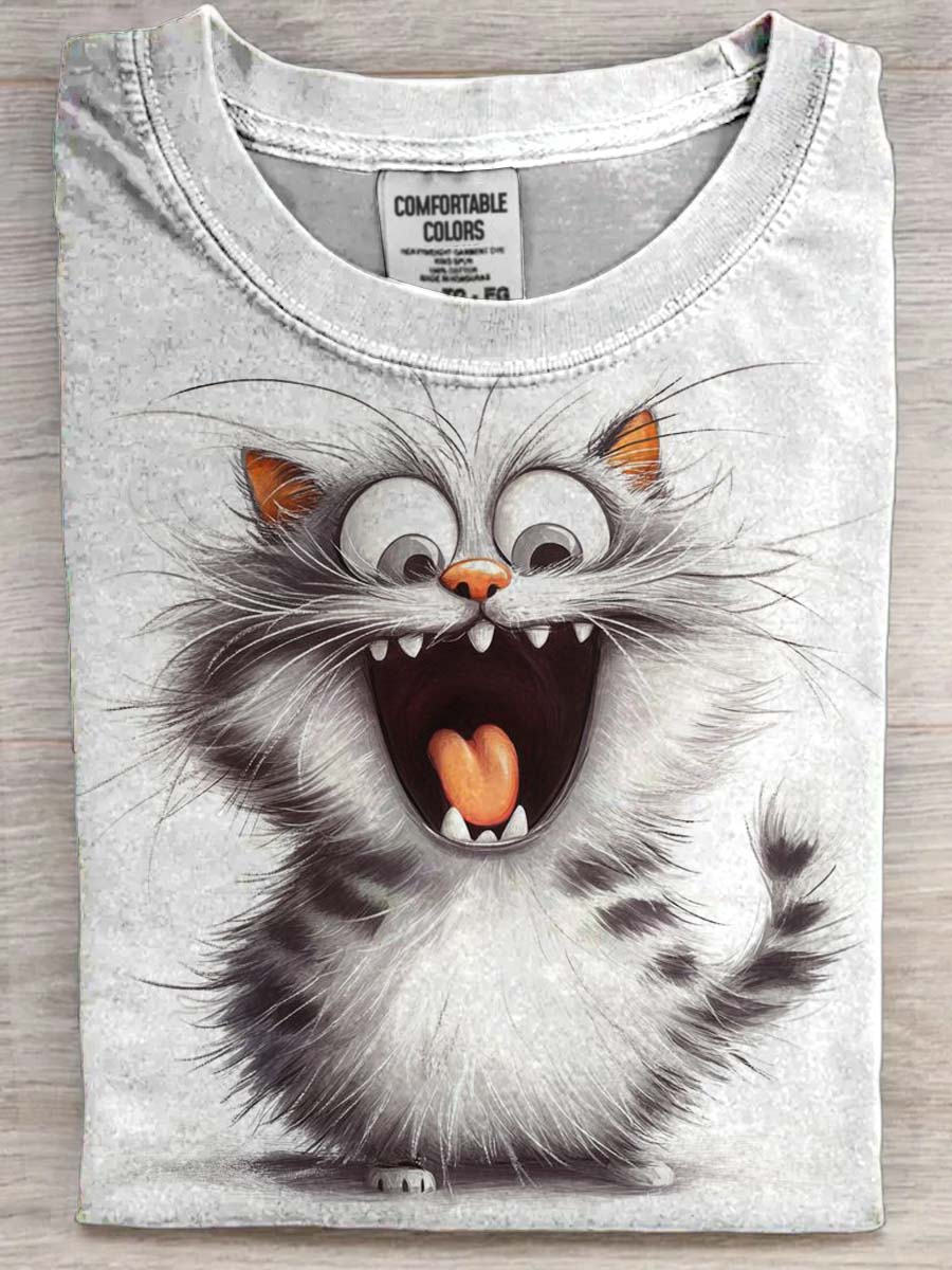 Laughing Cute Cat Print Casual Short Sleeve T-Shirt