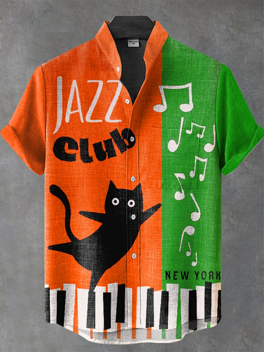 Vintage Jazz Club Music Print Casual 100% Cotton Shirt
