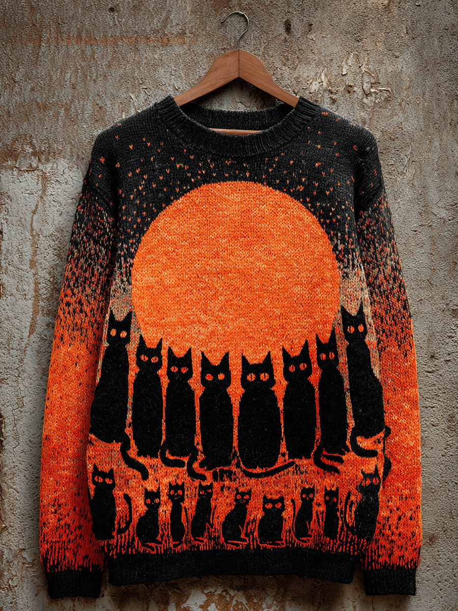 Vintage Halloween Black Cat Art Print Knit Pullover Sweater