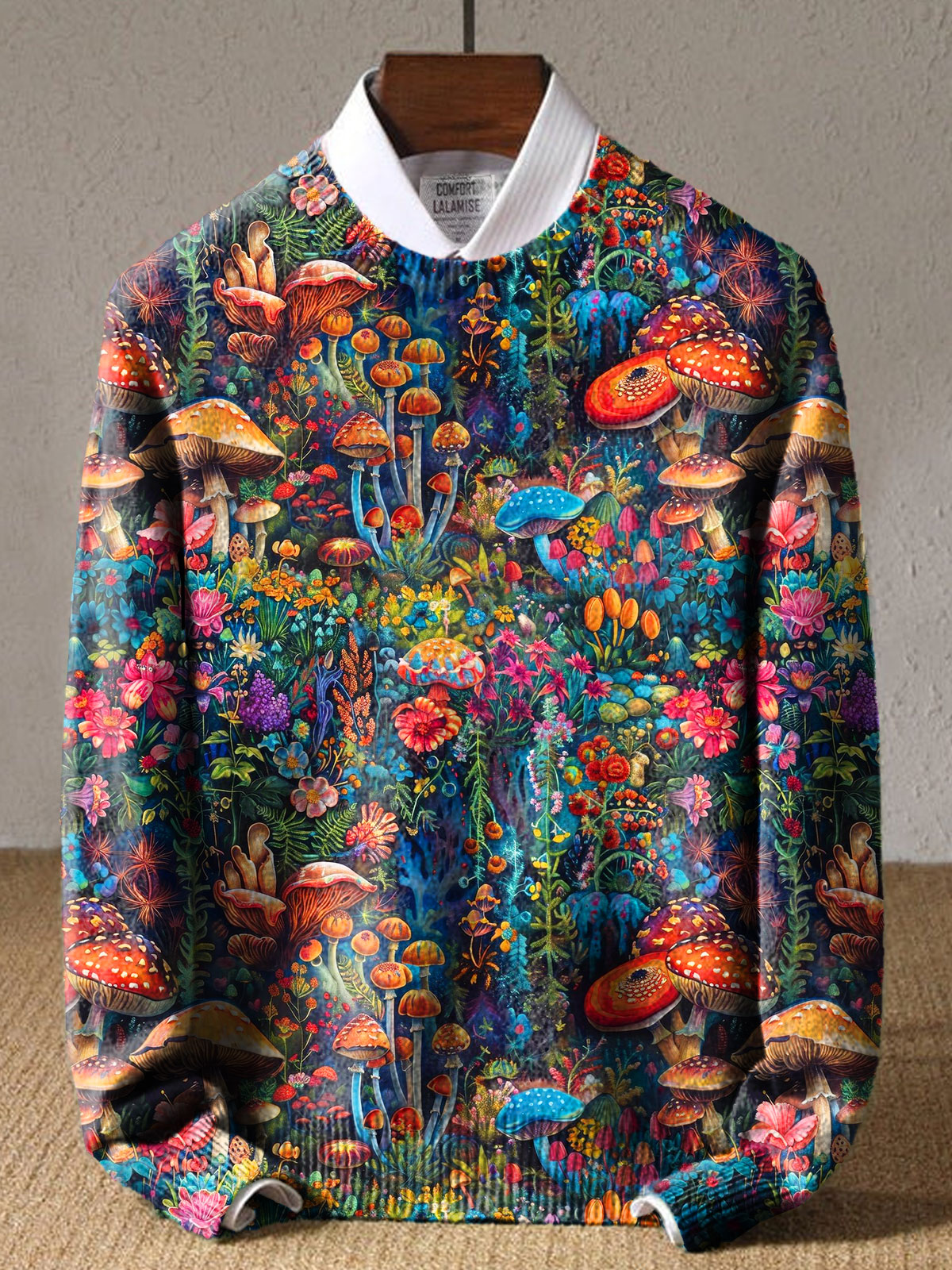 Dreamy Exotic Colorful Mushroom Wildflower Art Print Knit Pullover Sweater