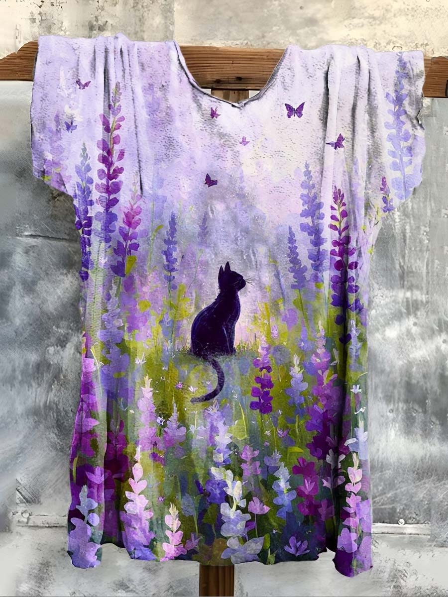 Unisex Art Oil Painting Floral Cat Printed Casual T-Shirt