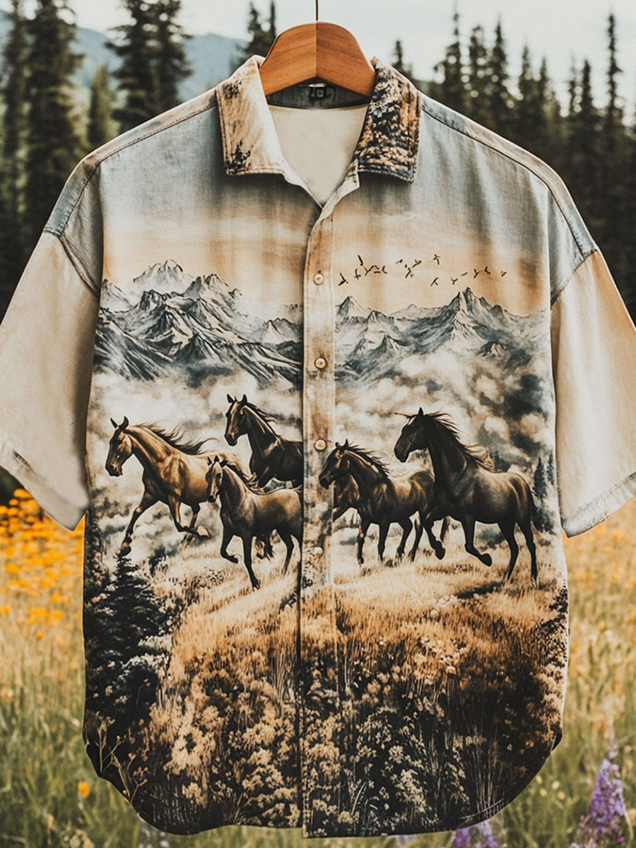 Vintage Horse Print Casual 100% Cotton Shirt