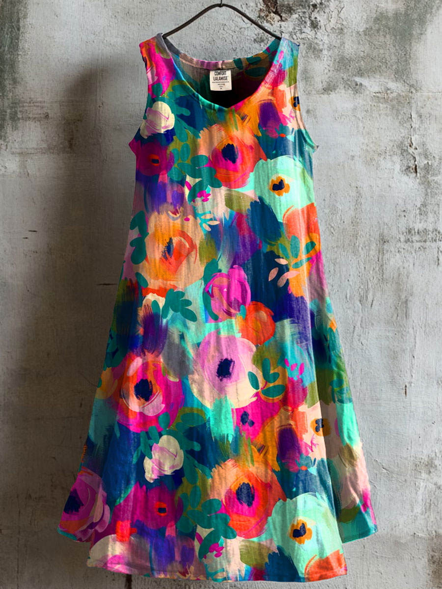 Women's Vintage Floral Art Print V-neck Pocket Cotton Dress