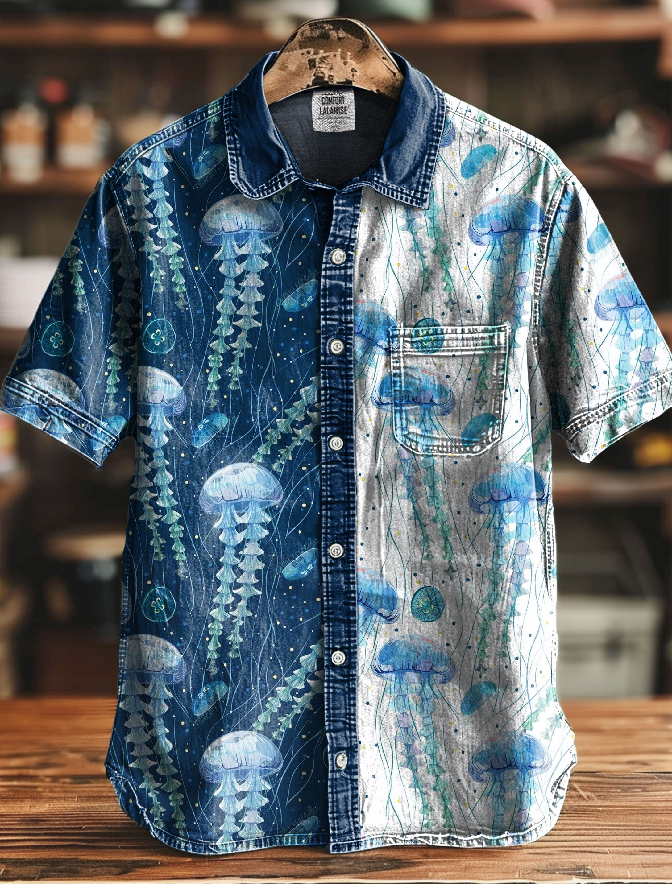 Jellyfish Clashing Color Art Print Casual 100% Cotton Shirt