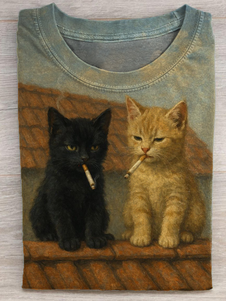 Retro Funny Smoking Cat Print T-shirt