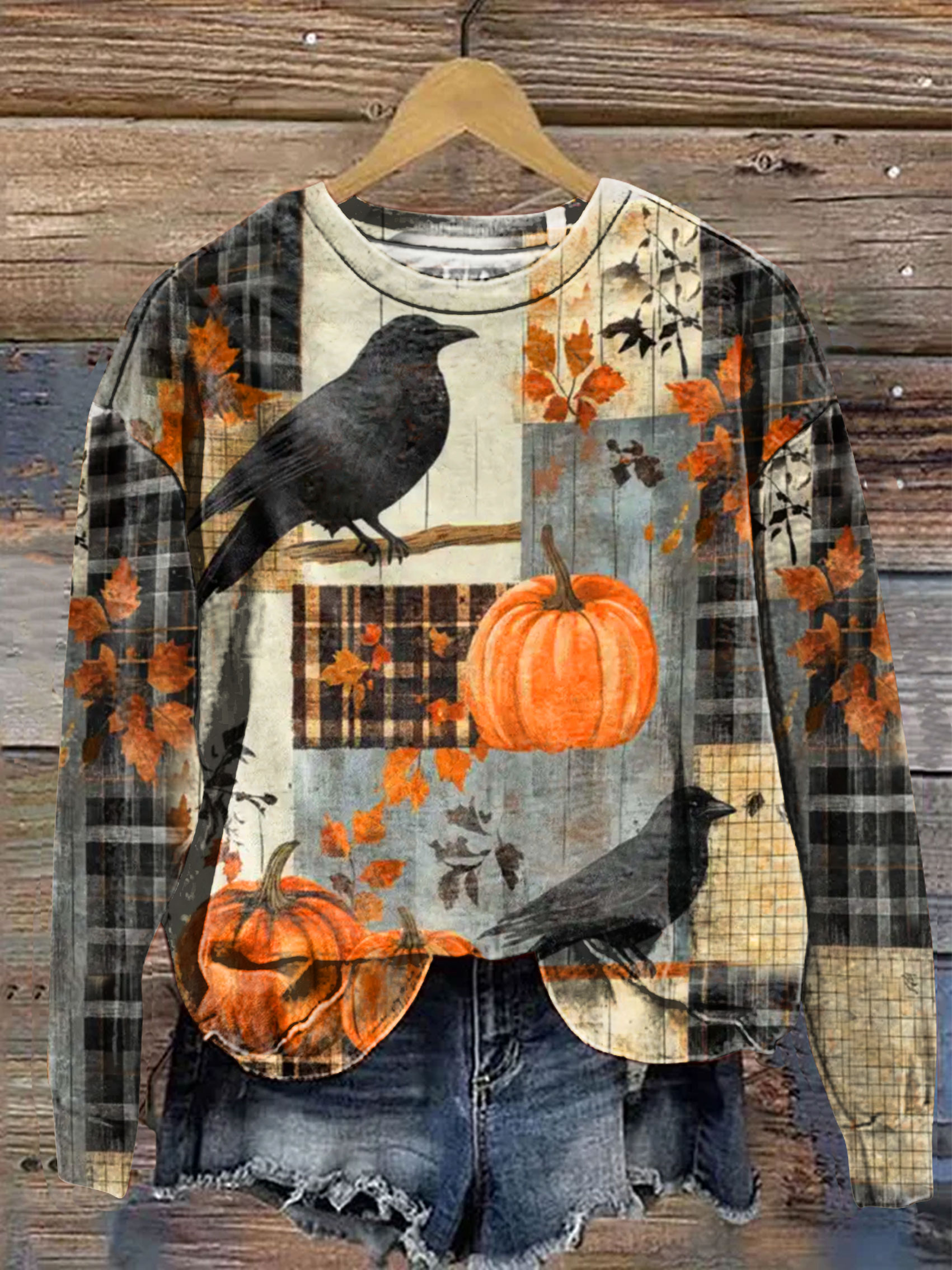 Vintage Halloween Patchwork Art Print Casaul Long Sleeve Sweashirt
