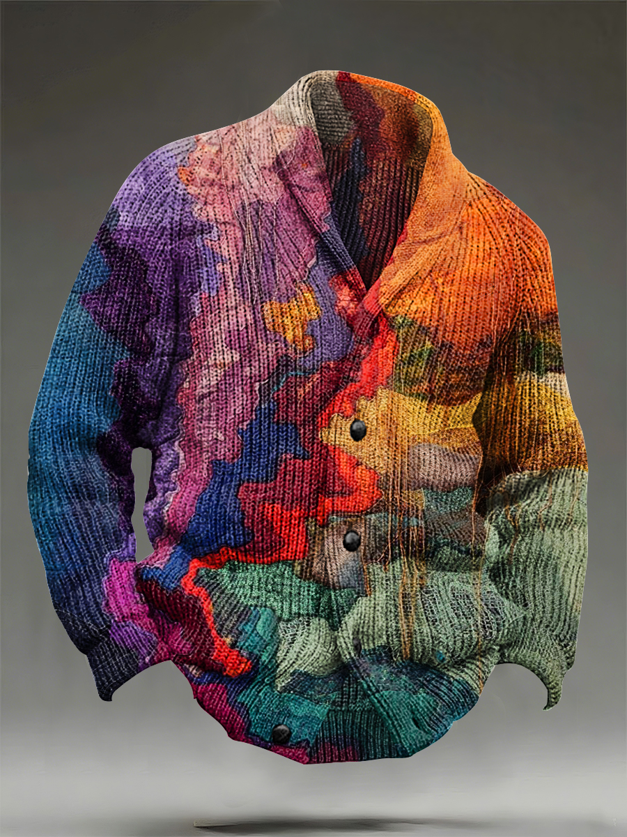 Multicolor Gradient Abstract Art Print Knit V-neck Pullover Sweater