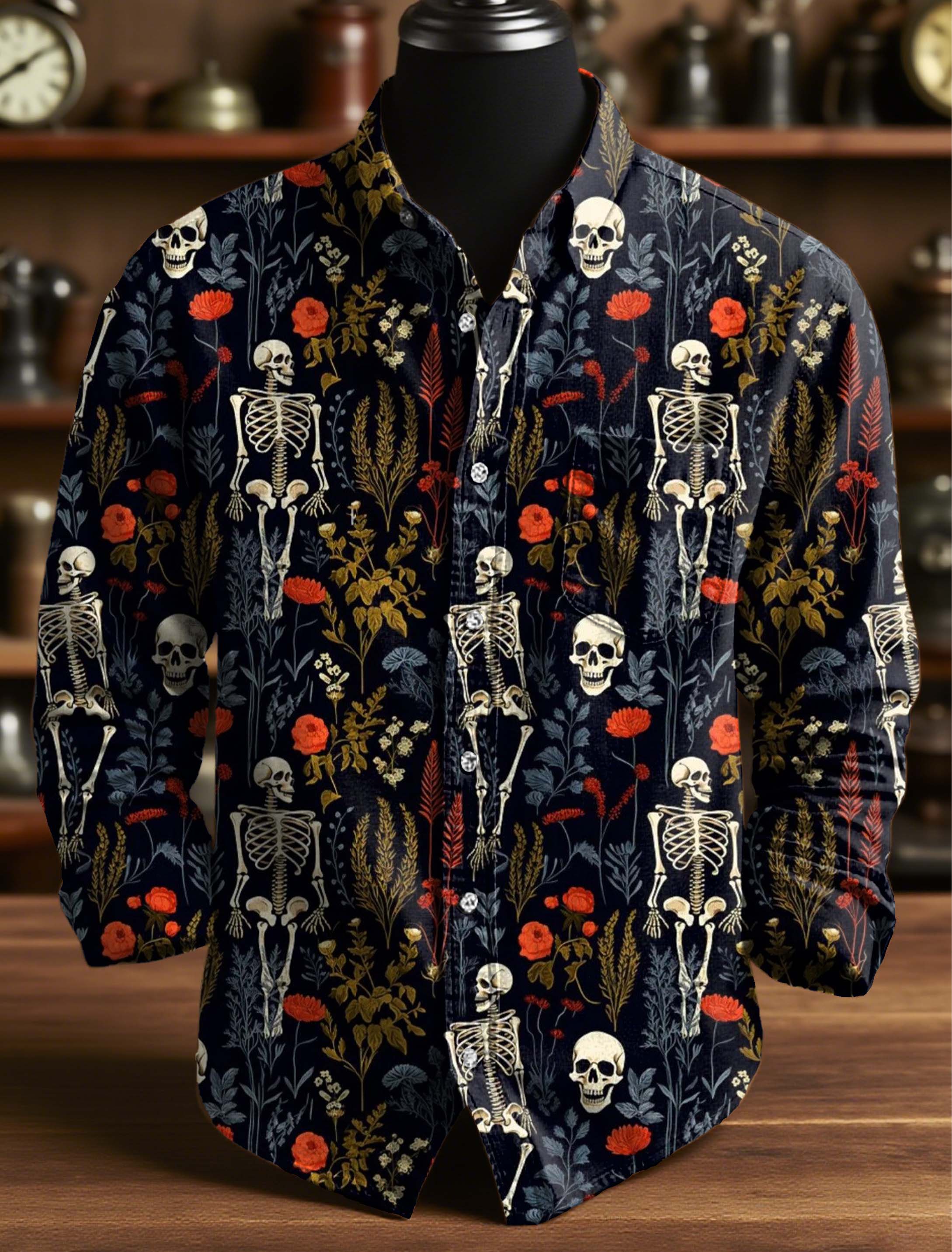 Vintage Skeleton In The Forest Print 100% Cotton Long Sleeve Shirt