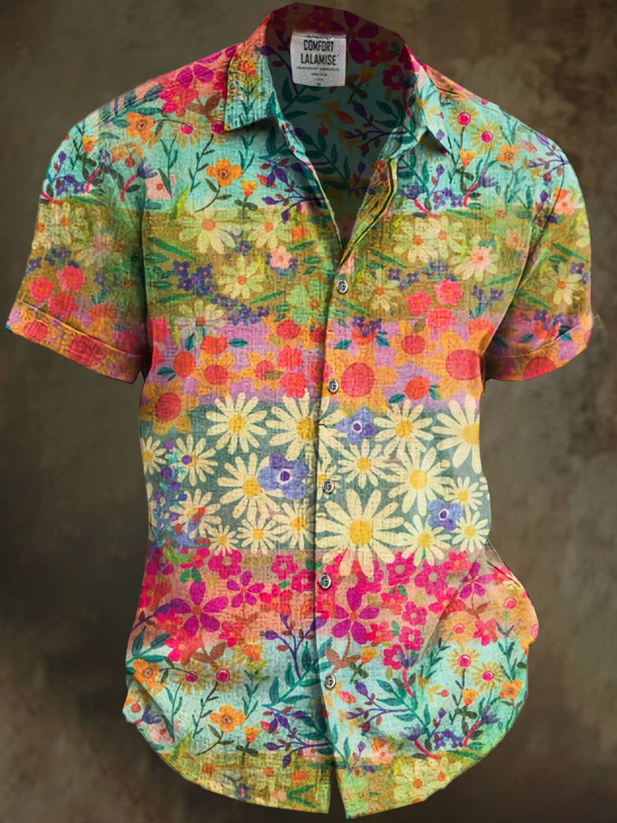 Nature Wild Floral Art Print Casual Cotton And Linen Short Sleeve Shirt