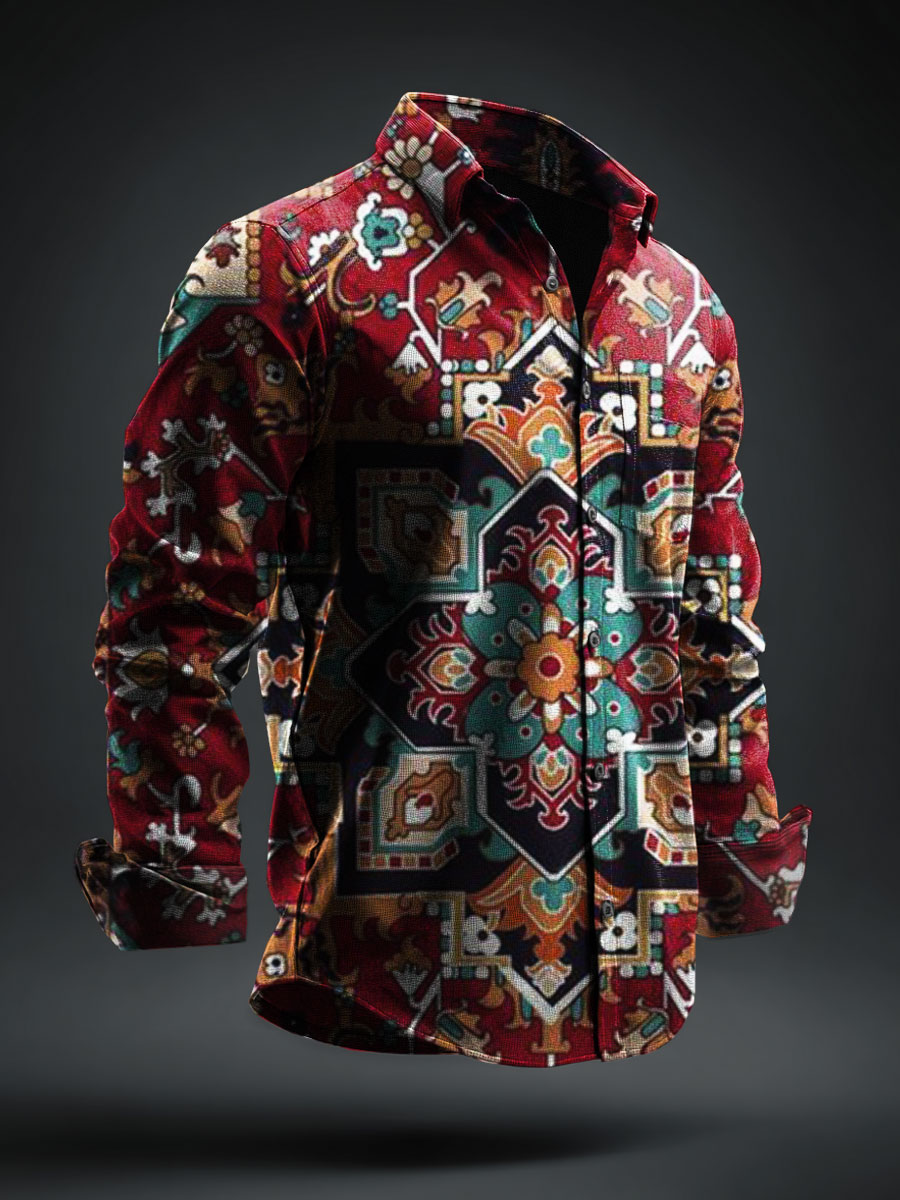 Ethnic Flowers Print 100% Cotton Long Sleeve Shirt