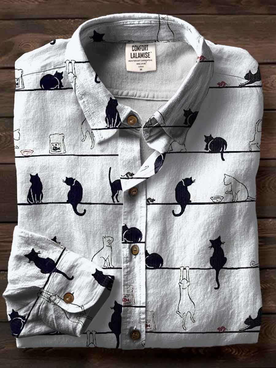 Cats Art Print Casual Cotton Shirt