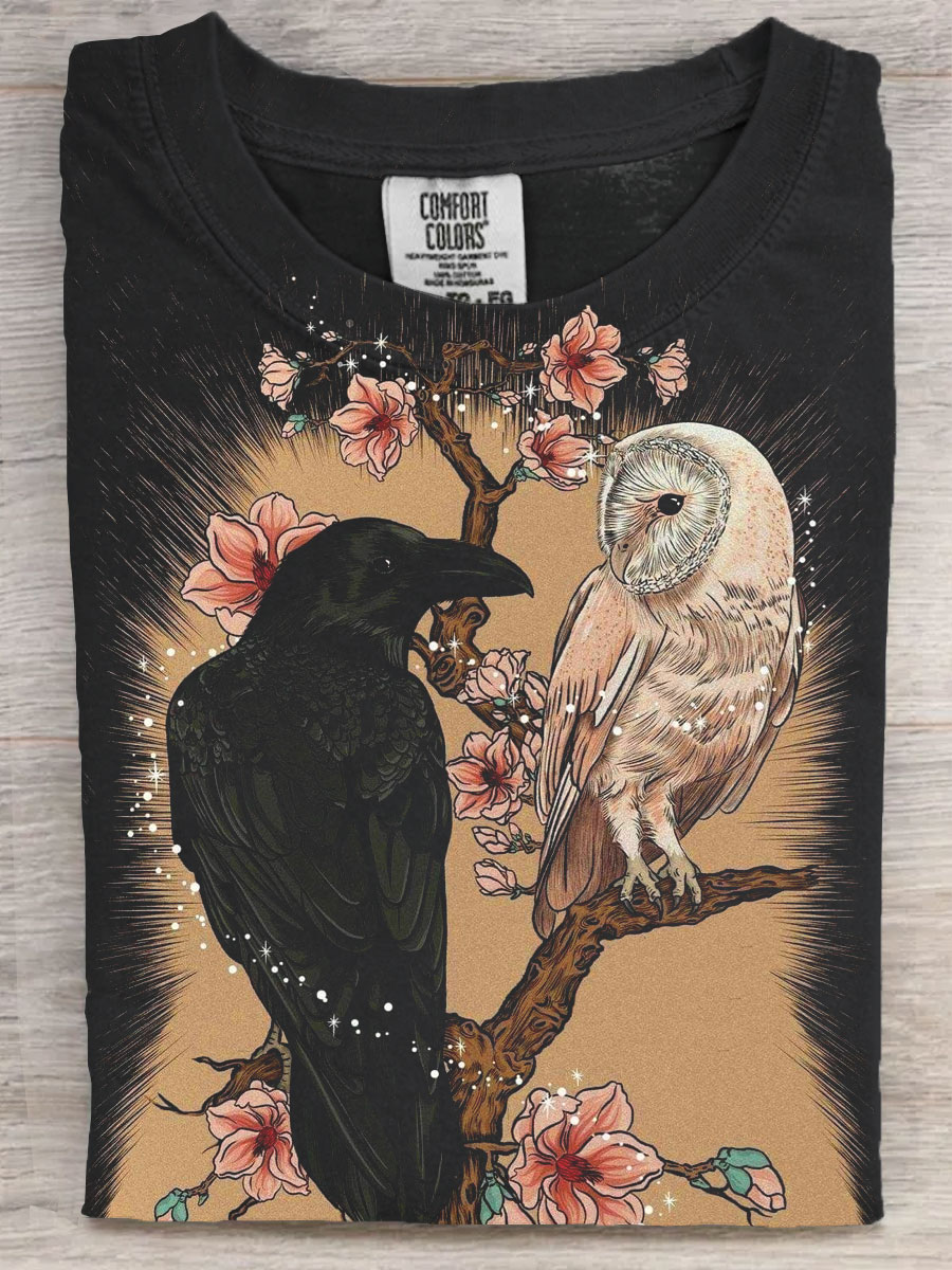 Raven And Owl  Art Print Casual Short Sleeve T-shirt