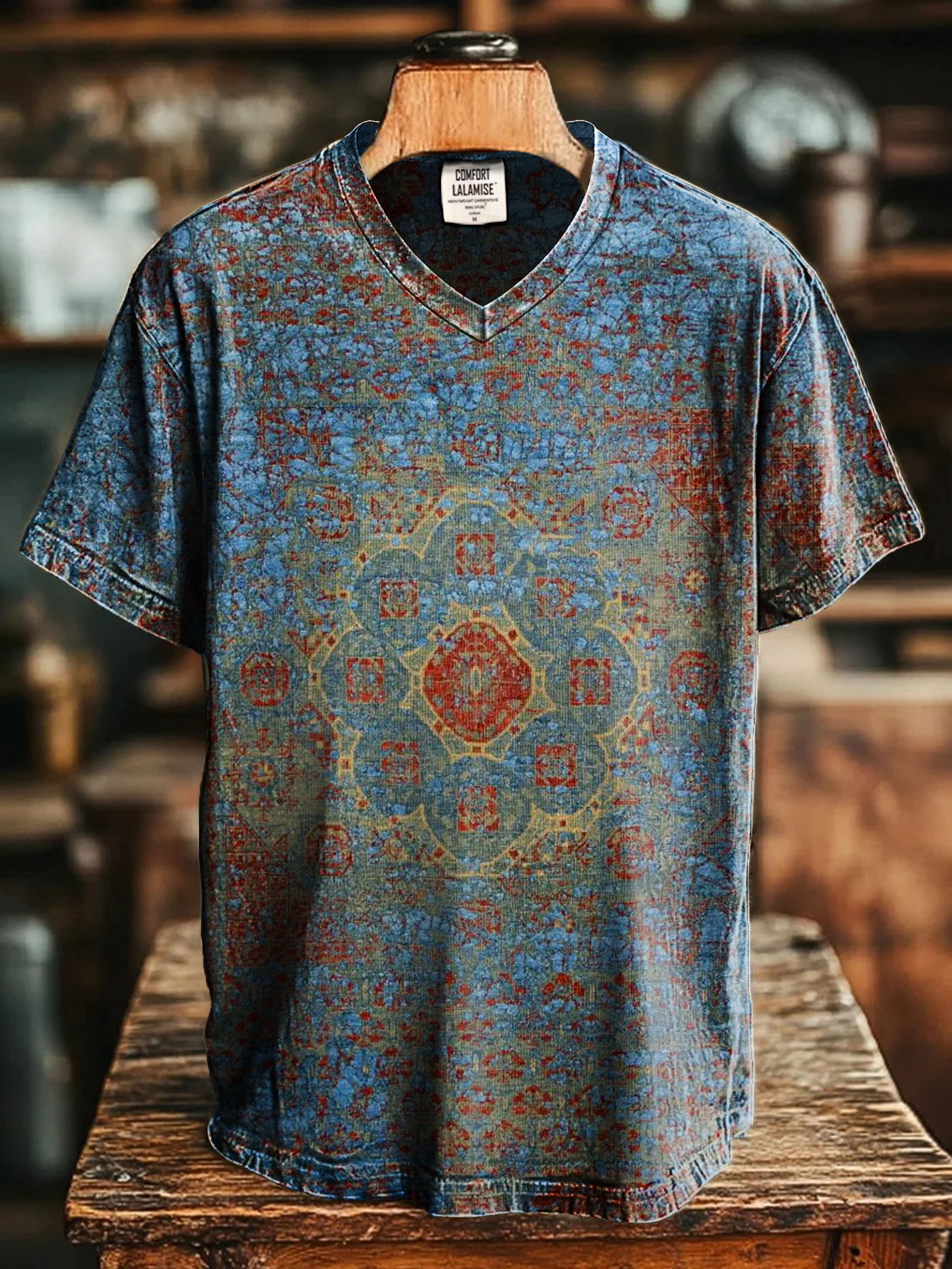 Vintage Abstract Ethnic Floral Print  V-neck Casual T-Shirt