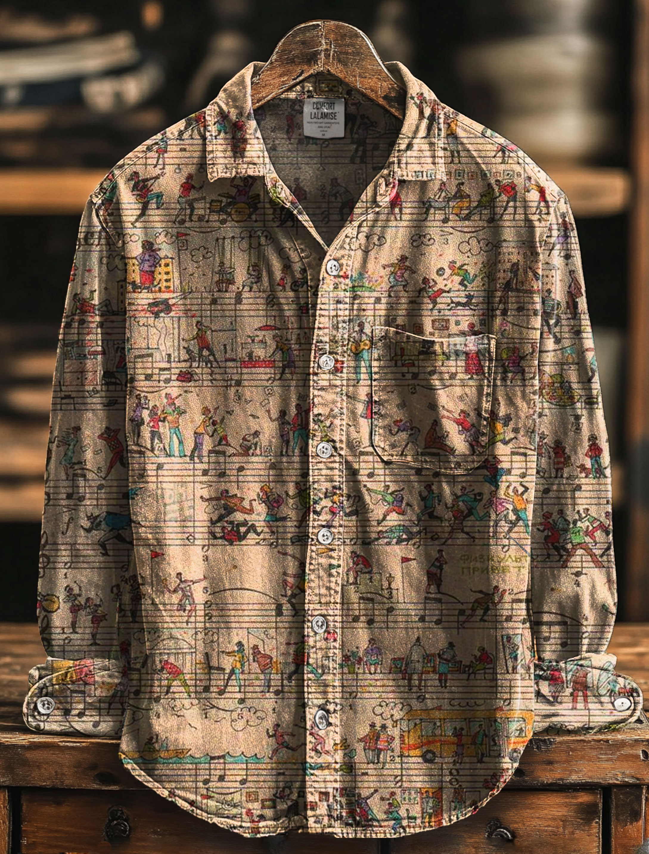 Vintage Funny Music Note Art Print 100% Cotton Long Sleeve Shirt