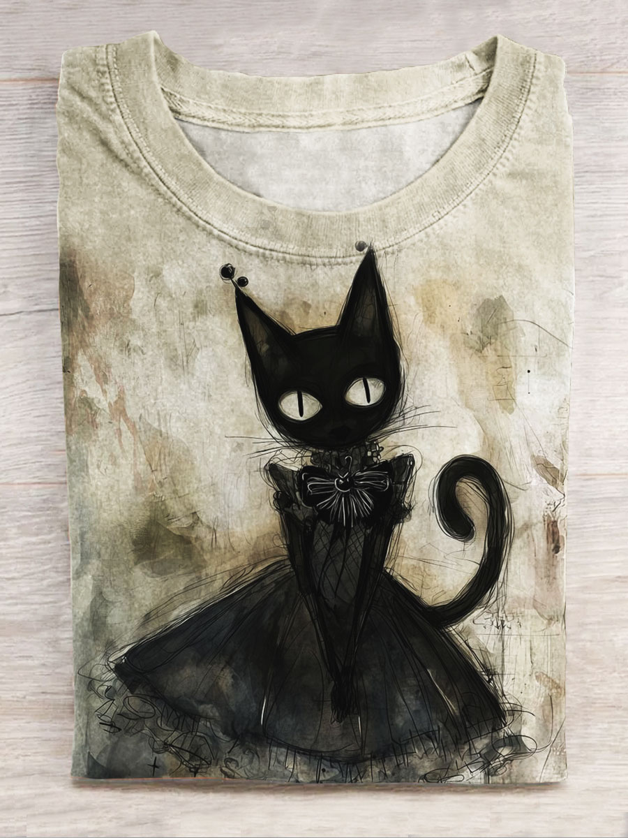 Cute Black Cat Print Casual Short Sleeve Top