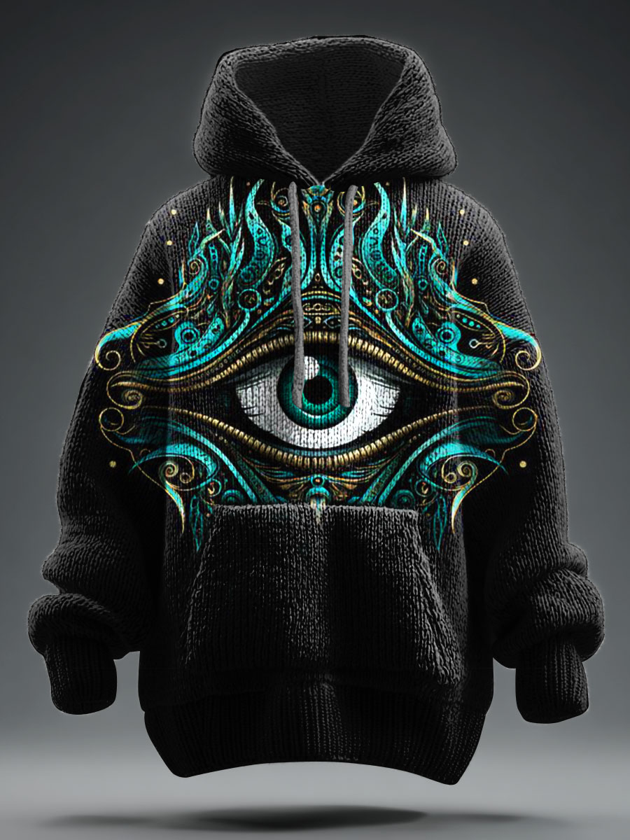 Retro Eyes Art Print Knit Pullover Hooded Sweater