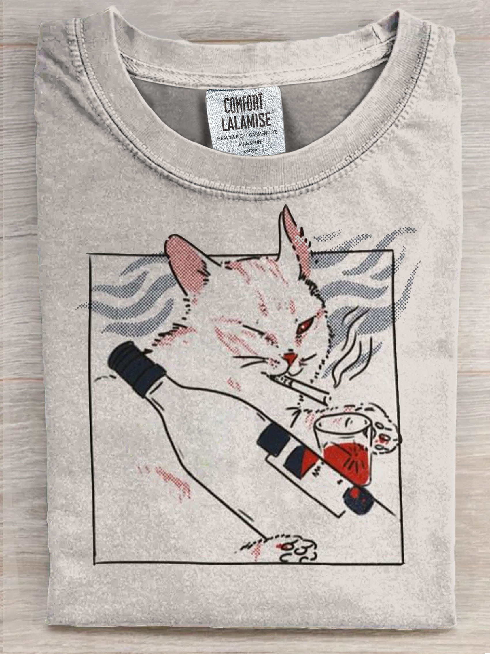 Funny Smoking Cat With Alcohol Art Print Casaul Short Sleeve T-shirt