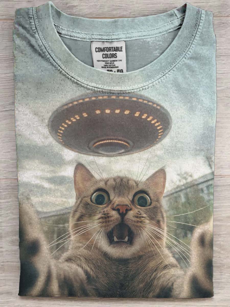 Funny Scared by Spaceship Cat Print Casual Short Sleeve T-Shirt