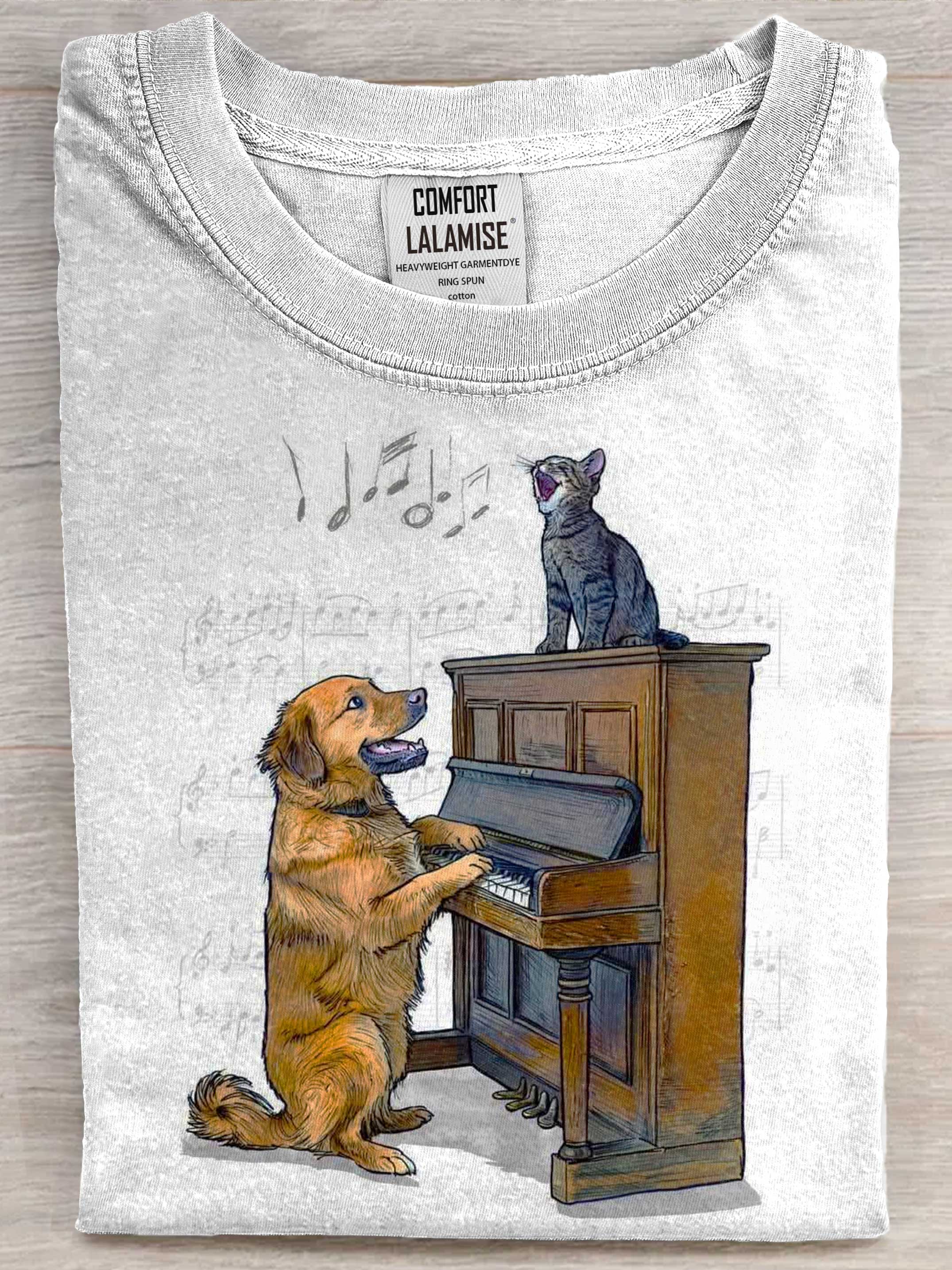 Funny Dog With Cat Music Art Print Casual Short Sleeve T-shirt