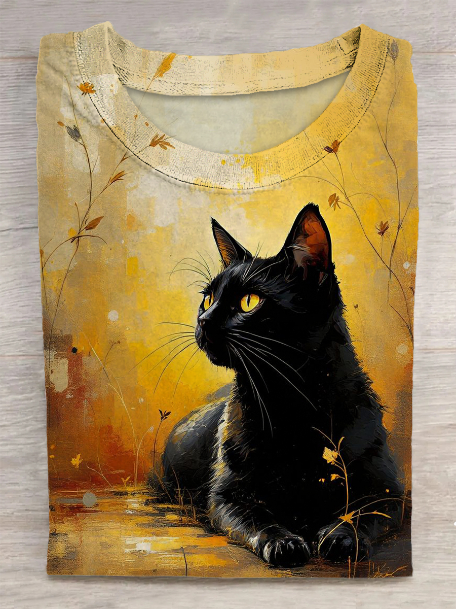 Unisex Cat Printed Vintage Fashion Loose Short Sleeve T-Shirt