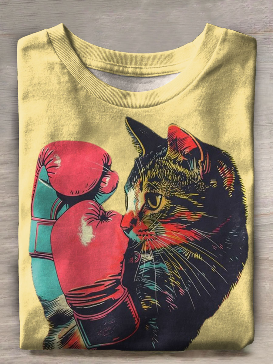 Funny Boxing Cat Print Casual T-shirt