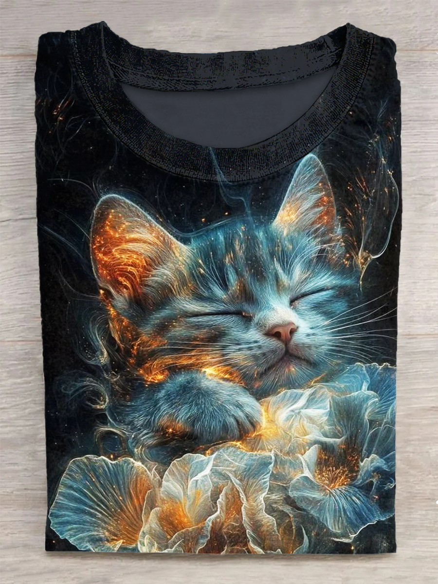 Unisex Cat Printed Vintage Fashion Loose Short Sleeve T-Shirt