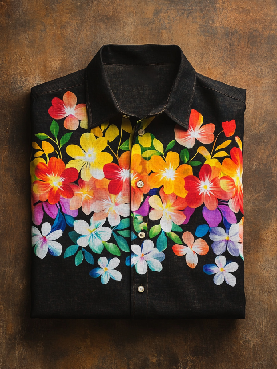 Rainbow Floral Art Print Casual Short Sleeve Button-Down Shirt