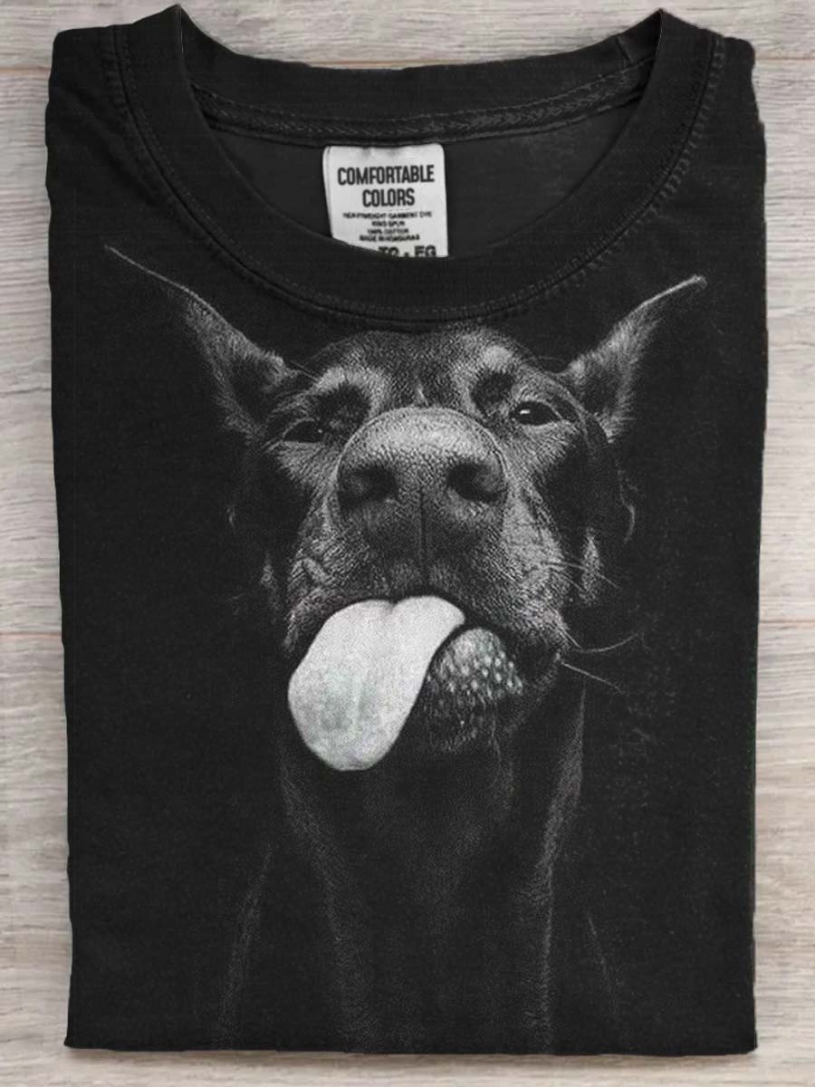 Funny Tongue Out Dog Print Casual Short Sleeve T-Shirt