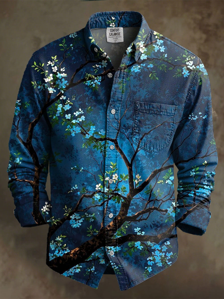 Vintage Multicolor Flower Art Print 100% Cotton Long Sleeve Shirt