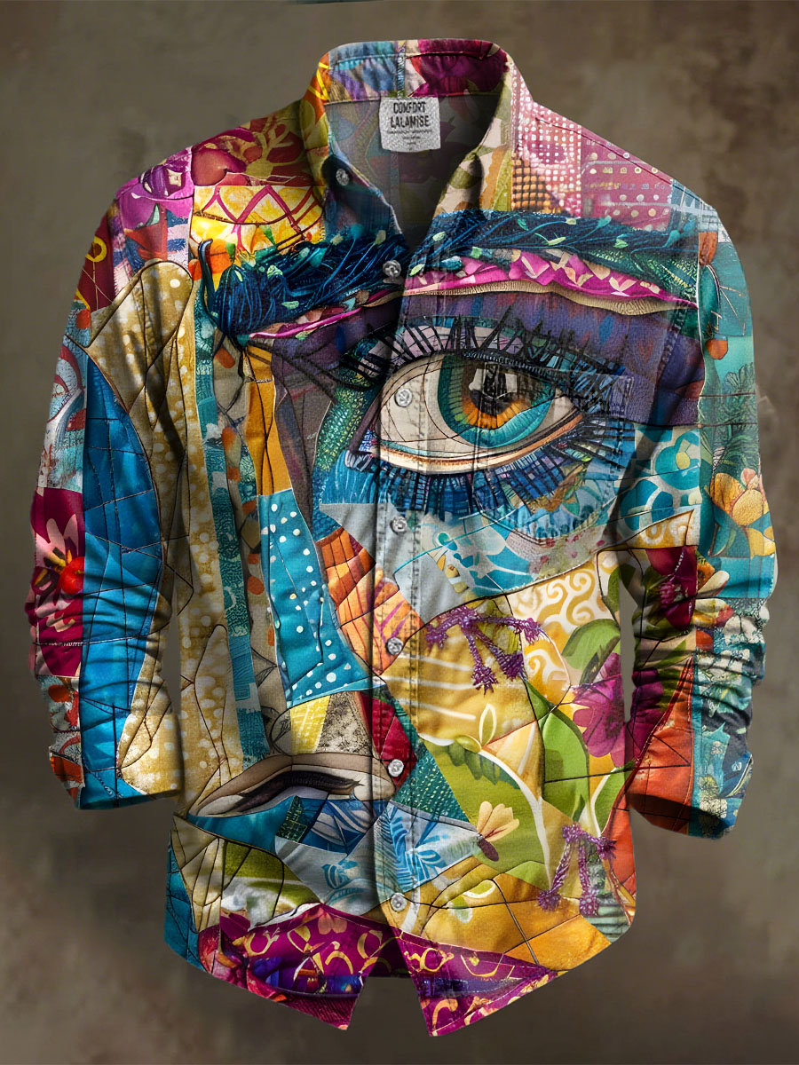 Vintage Multicolor Abstract Art Print 100% Cotton Long Sleeve Shirt