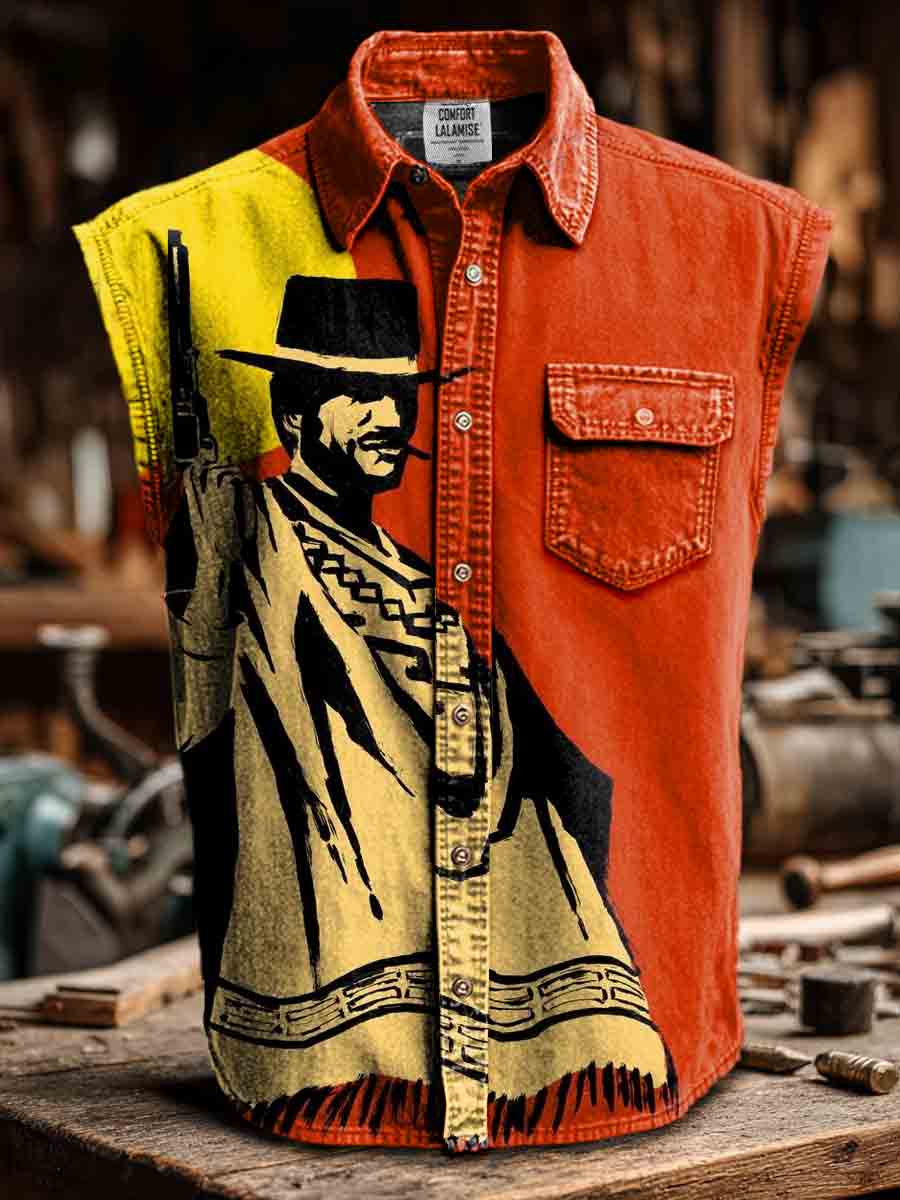 Vintage Art Print Casual 100% Cotton Sleeveless Lapel Shirt