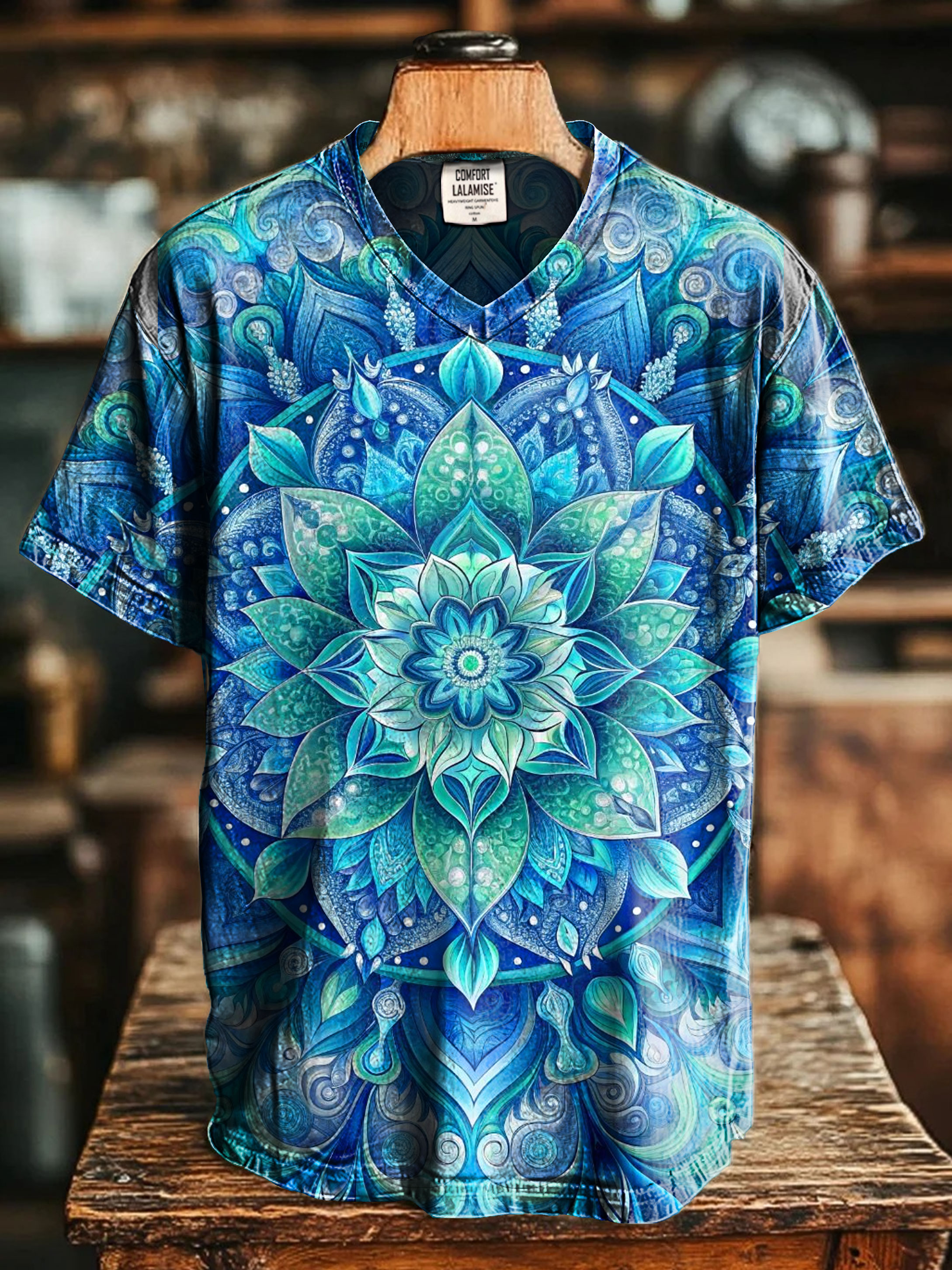 Vintage Blue Mandala Art Print V-neck Casual T-Shirt