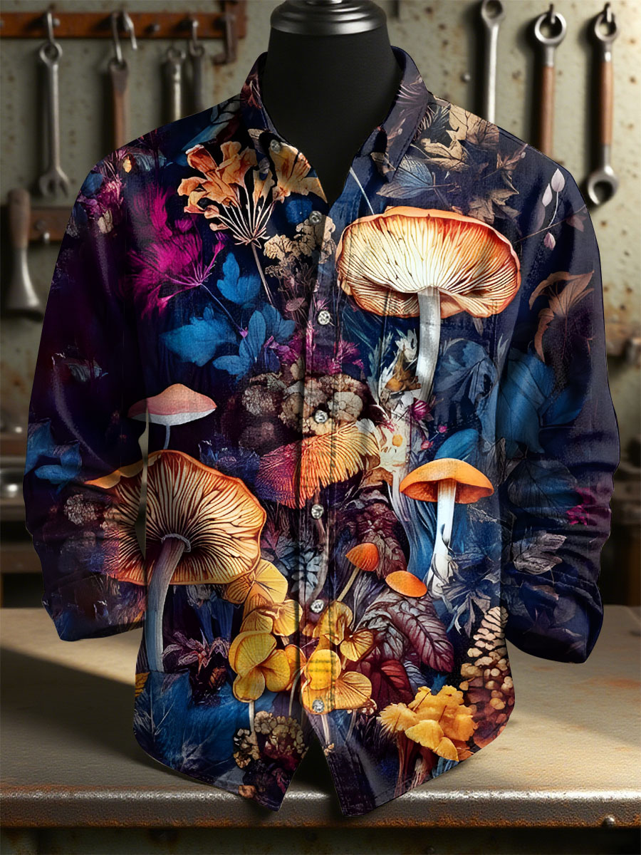 Vintage Multicolored Mushroom Art Print 100% Cotton Long Sleeve Shirt