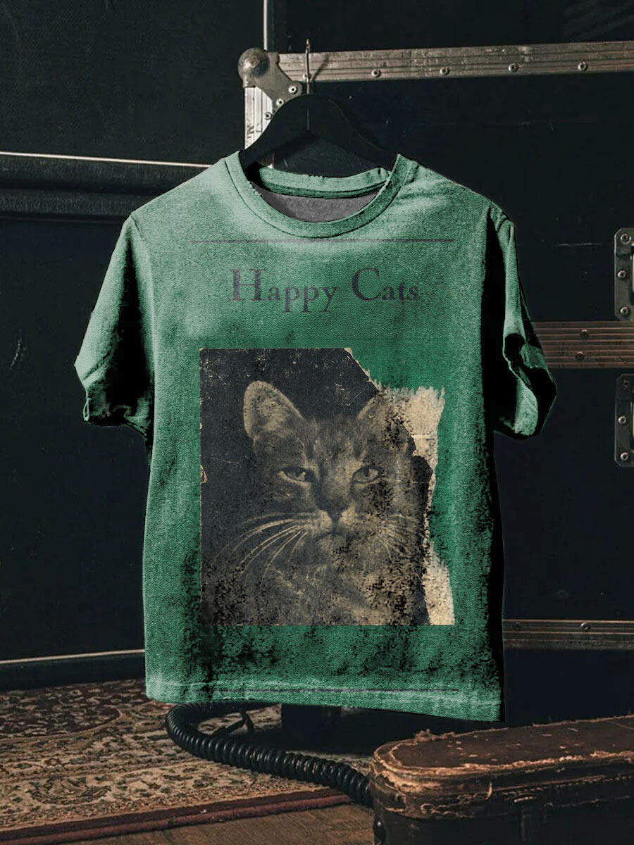 Vintage Cat Print Casual T-shirt