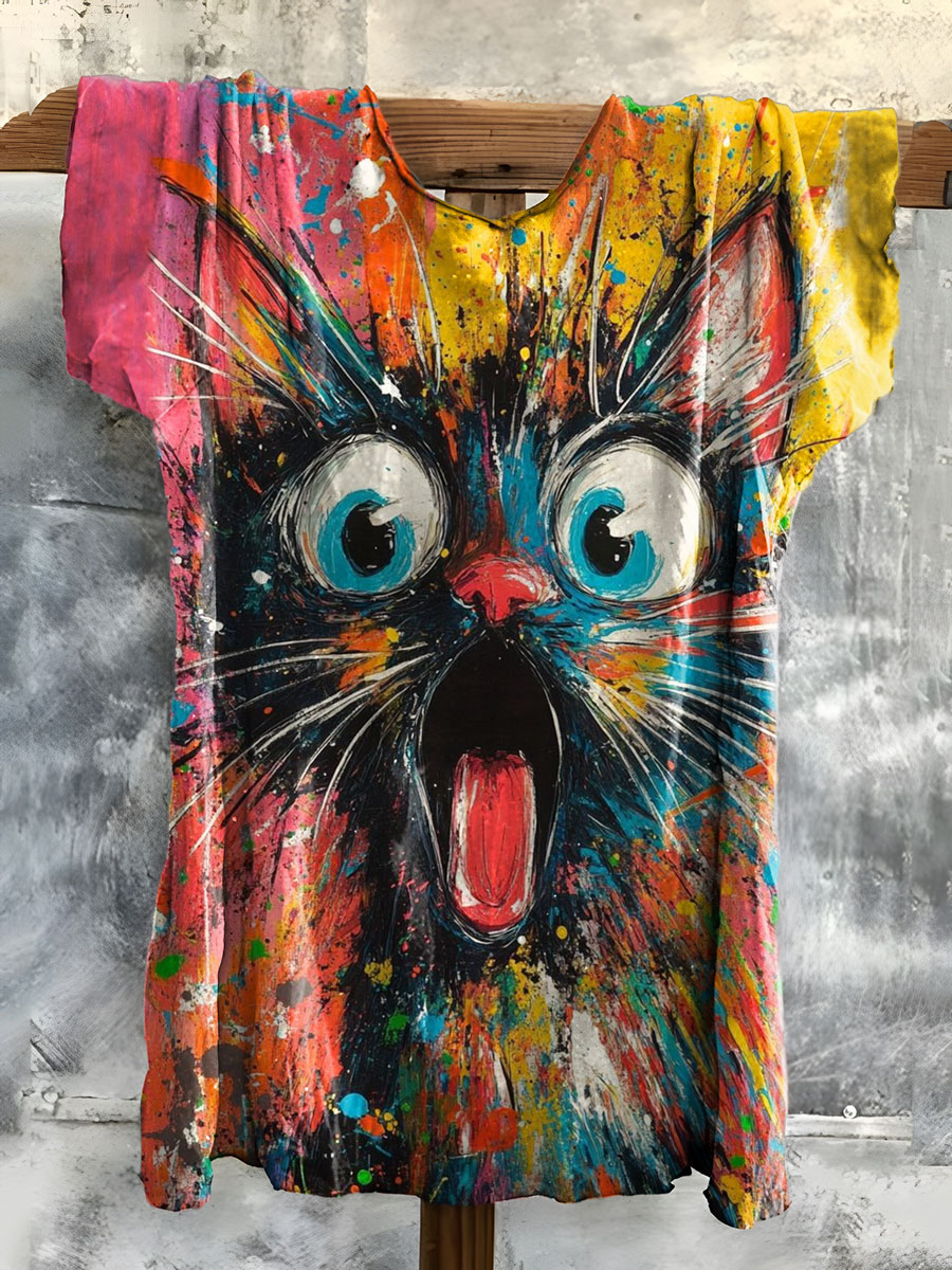 Vintage Cat Print Cotton Crew Tee