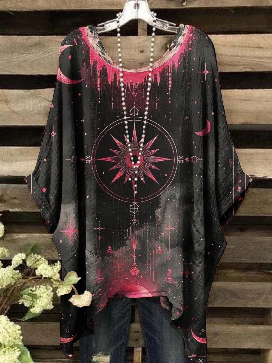 Women's Retro Star and Moon Printed Casual Short Sleeve Top