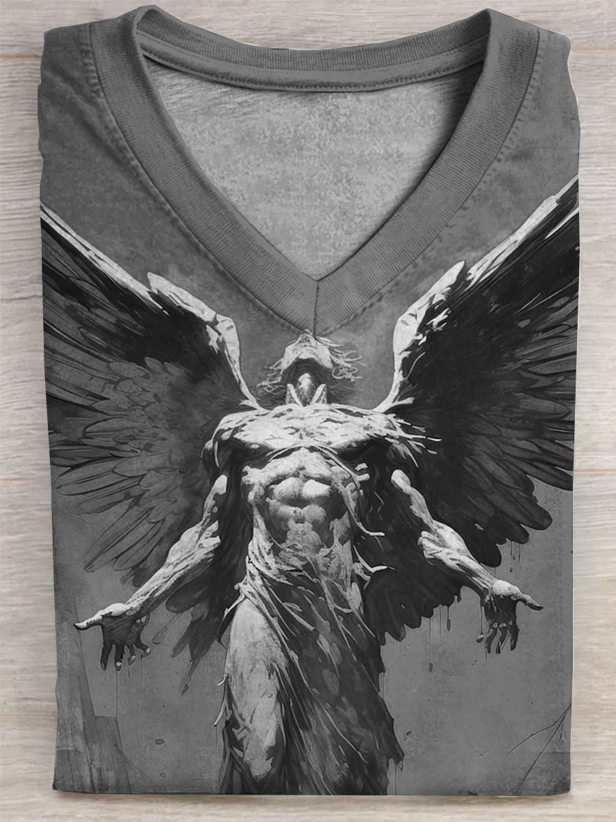 Vintage Angel Print V-neck Casual T-Shirt
