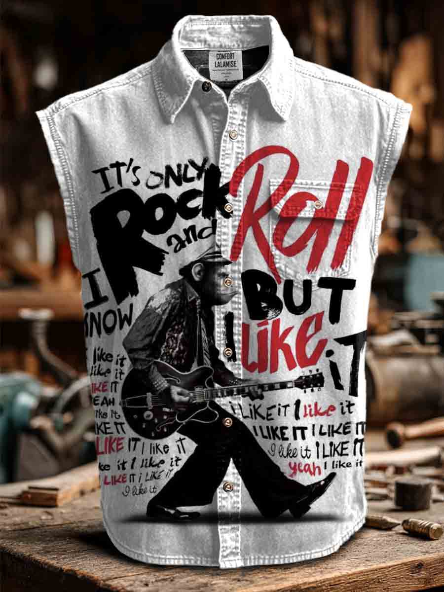 Rock And Roll Art Print Casual 100% Cotton Sleeveless Lapel Shirt